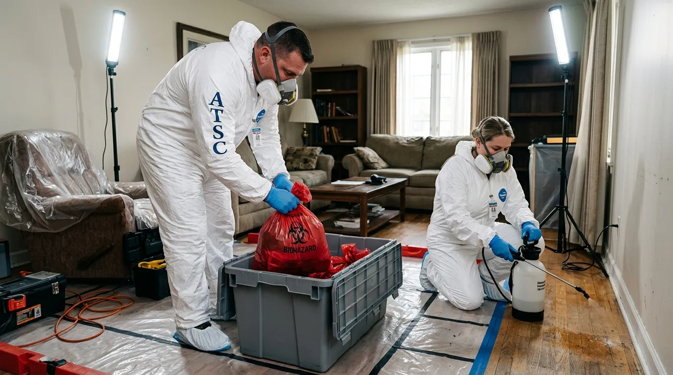 Professional Biohazard Cleanup technician in full PPE working in Oak Brook